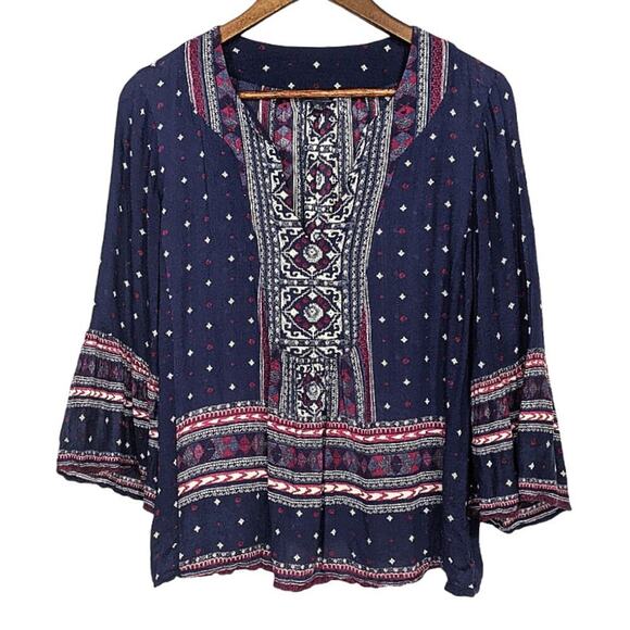 Lucky Brand Boho Flowy Bell Sleeves Top Red White Blue Lightweight Medium - Picture 3 of 9